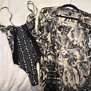 Chic Black and Cream Swimsuit and Cover-Up Set